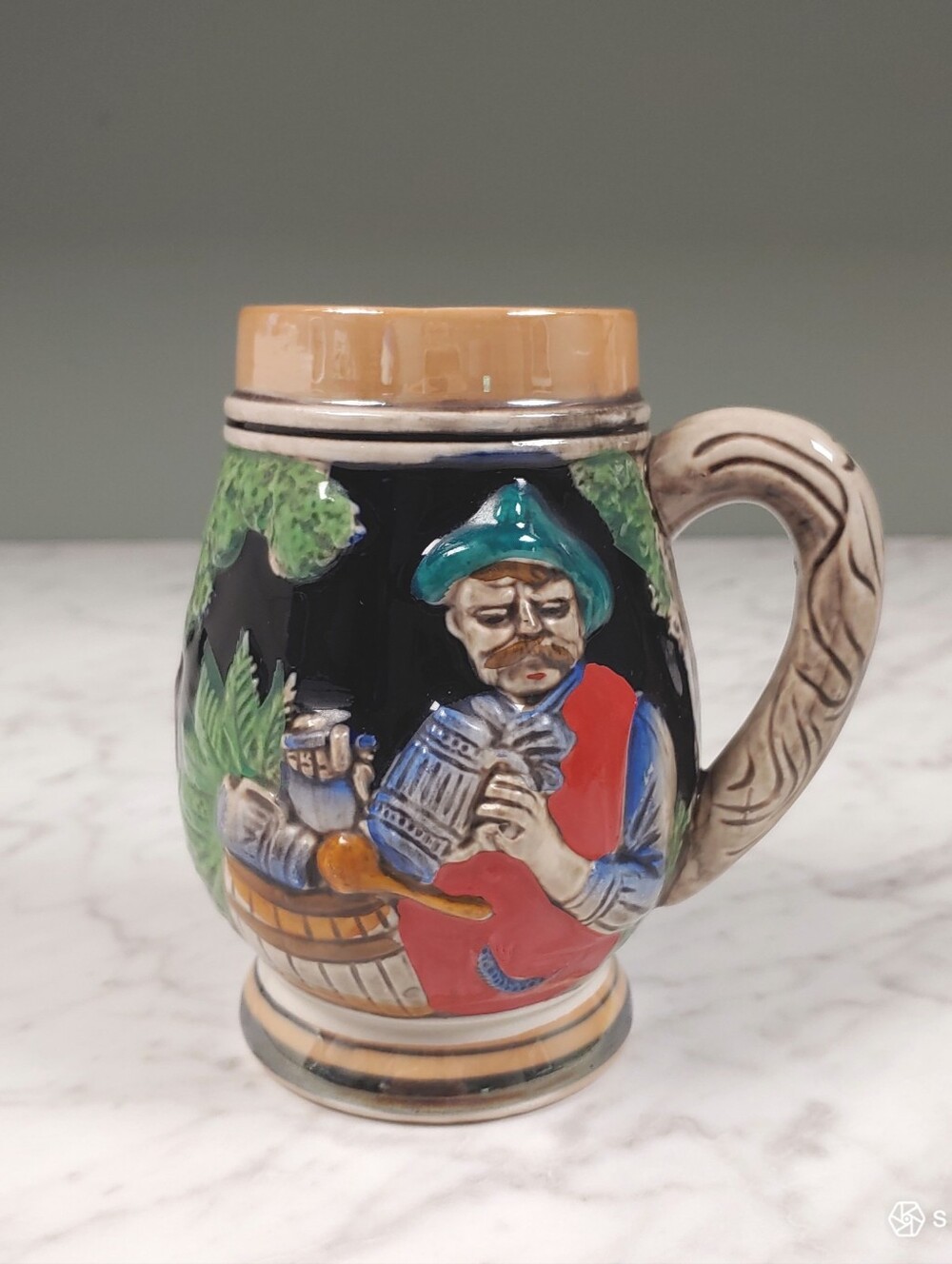 Vintage German Style Ceramic Beer Mug, Hand Painted Relief Scenic Design